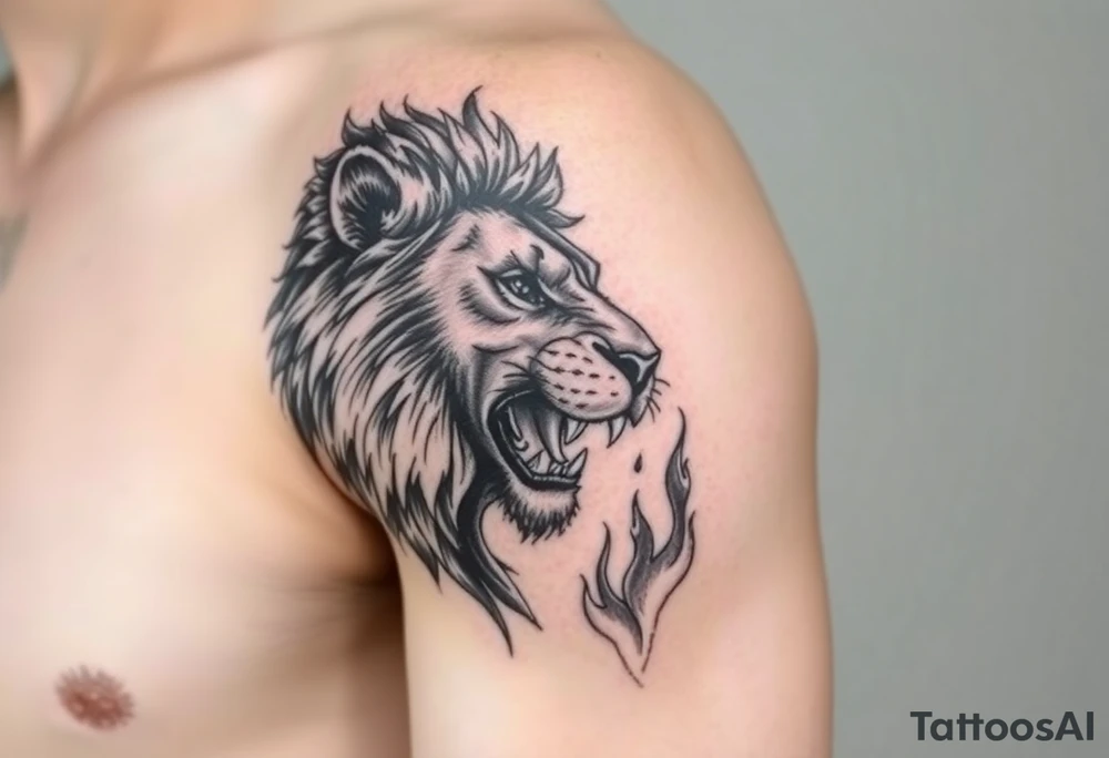 Lion looking into the fire face on full of emotion tattoo idea
