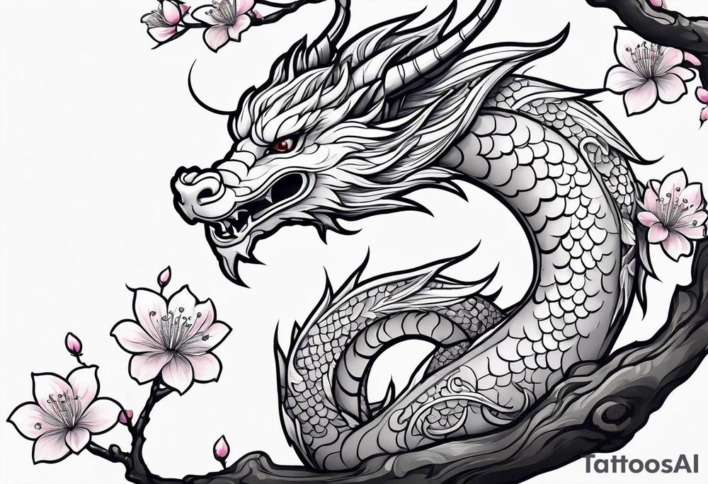 Single cherry blossom branch with small animated cute dragon tattoo idea
