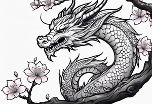 Single cherry blossom branch with small animated cute dragon tattoo idea