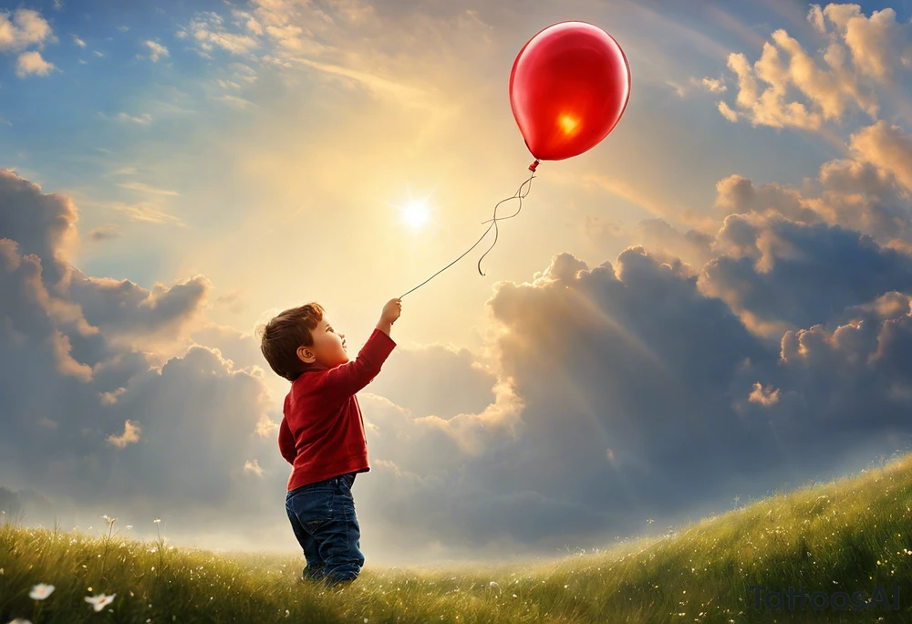 little boy holding a string to the earth shaped baloon.
boy should be drawed from behinfd anhas one hand reaching up in 45 degree angle and holding the baloon string
the string has a big wave in like a hearbeat pulse on it.
baloon is in the shape of the eharth and red toned. tattoo idea