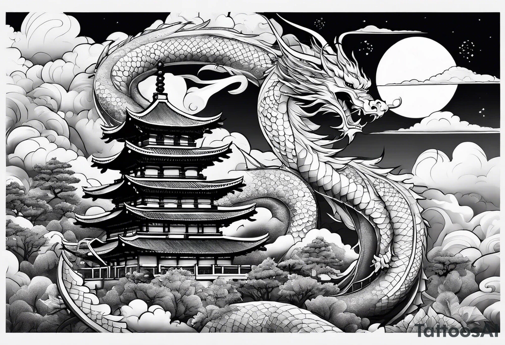 beautiful warrior fairy and a dragon and the background will be mountains, clouds, and a Japanese building tattoo idea