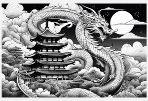 beautiful warrior fairy and a dragon and the background will be mountains, clouds, and a Japanese building tattoo idea