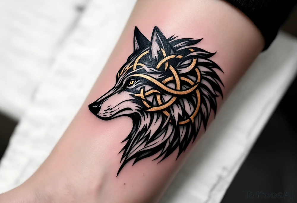 Celtic Alpha Marking – A side-profile wolf head with intricate black-and-bronze knotwork forming a Celtic alpha symbol on its forehead. tattoo idea