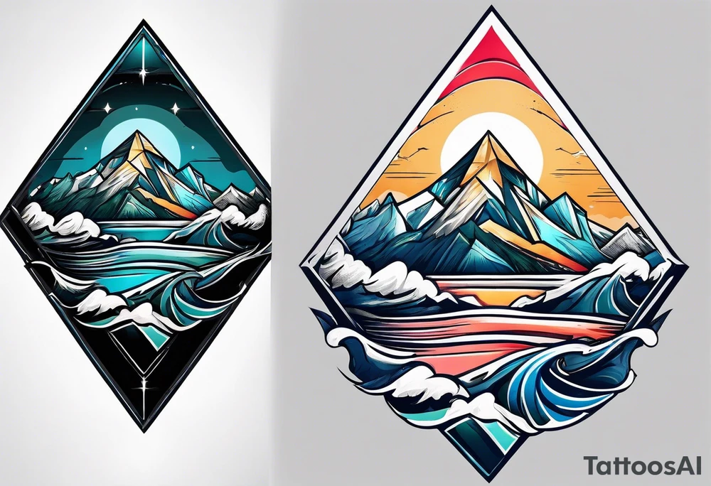 Mountains and ocean waves  crashing diamond shape tattoo idea