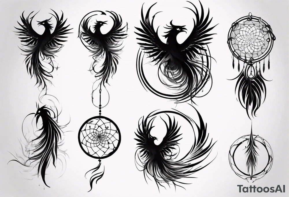 Vertical angry flying Phoenix with wings blending into circles and a long abstract dream catcher feather tail tattoo idea