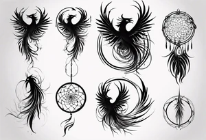 Vertical angry flying Phoenix with wings blending into circles and a long abstract dream catcher feather tail tattoo idea