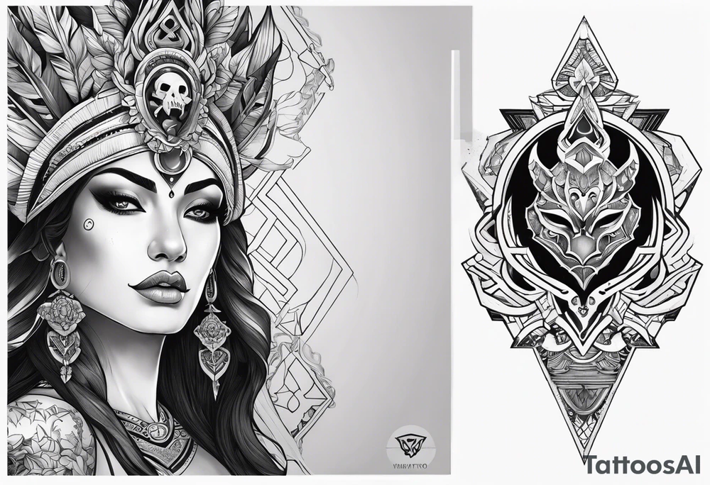 kali ma, alien goddess, valkrye, aries, pirate, divine feminine, zenza resonance, pachamama, lotus azul, blank panther, eagle, skull, 5D, nueva gaya, dna 12, left side chest tatoo tattoo idea
