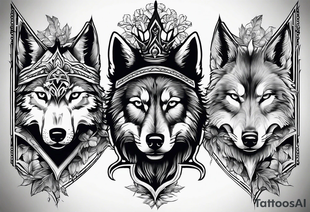 Create a vision of arm tattoo sleeve with combination of sword, crown, tree and three wolves to represent clients family roots tattoo idea