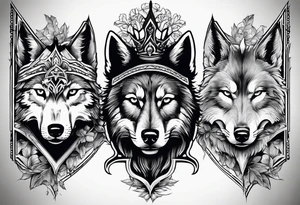 Create a vision of arm tattoo sleeve with combination of sword, crown, tree and three wolves to represent clients family roots tattoo idea