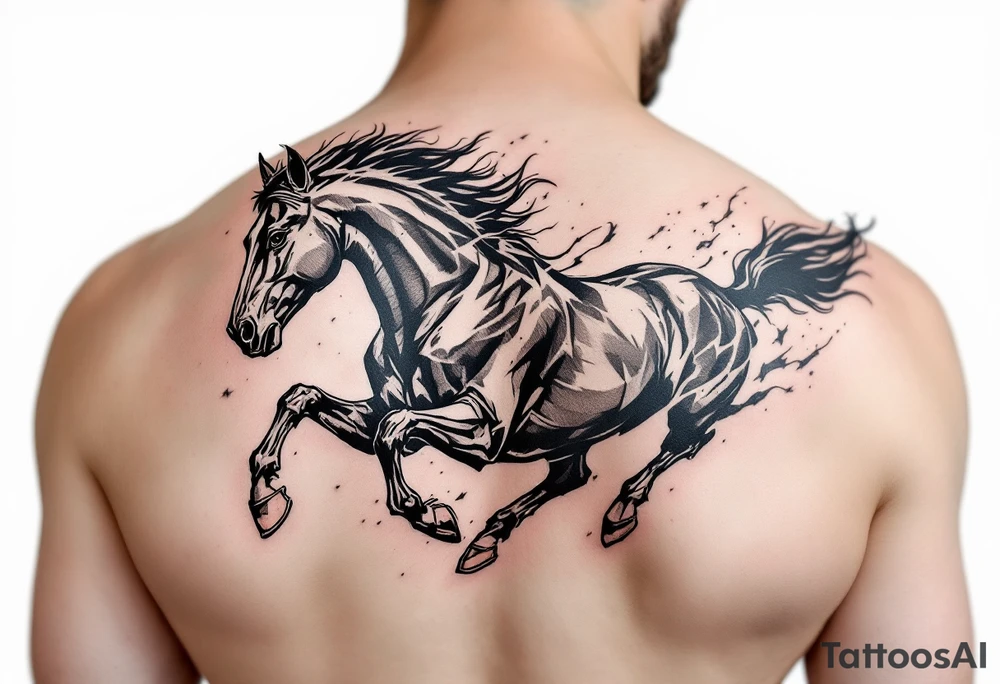 A wild black horse running across the ribs, capturing untamed and fierce freedom. tattoo idea