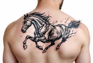 A wild black horse running across the ribs, capturing untamed and fierce freedom. tattoo idea