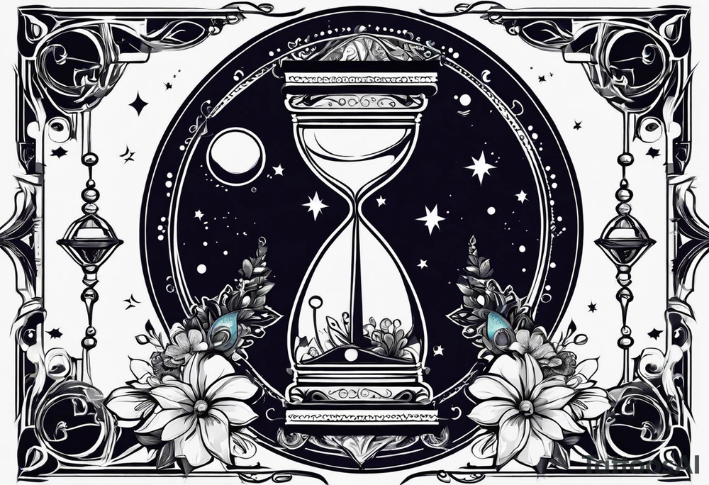Mix an hourglass with a nautical clock with the addition of planets, galaxies and flower spikes to give a design to print on a t-shirt, the design should be in one color in the form of a tattoo and all the shapes should be mixed to give one shape tattoo idea