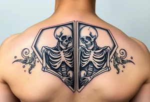 2 skeletons in a coffin together in a traditional style tattoo idea