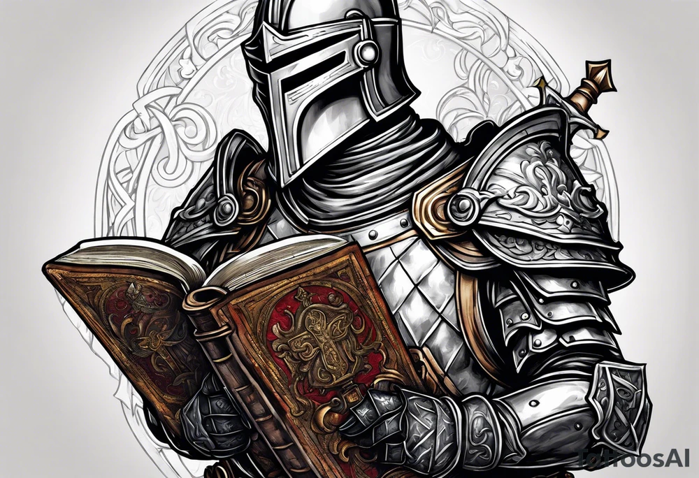knight holding a bible over his head tattoo idea