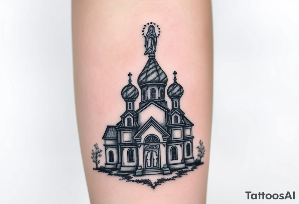 in a dorsal view a detailed medium sized country style russian orthodox church with onion domes and a band at the front with mist shrouding the top and fading into a virgin mary overlooking above at the top tattoo idea