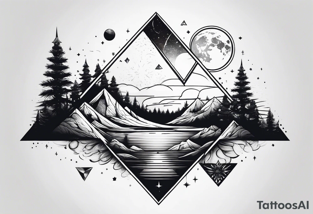 thick line art of space and nature in triangle tattoo idea
