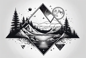 thick line art of space and nature in triangle tattoo idea