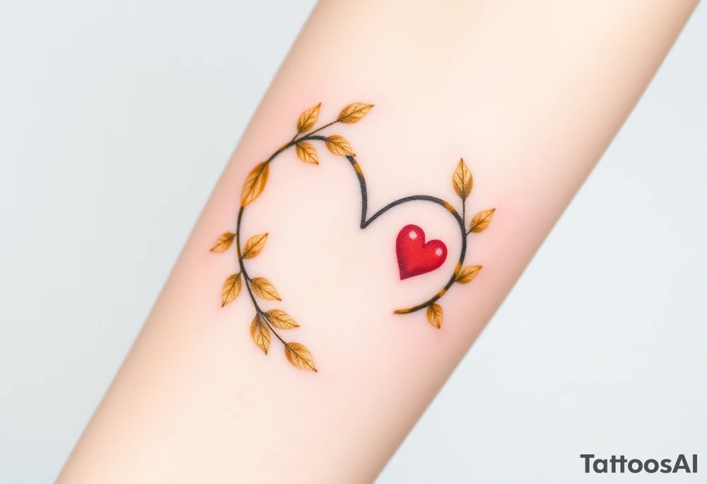 A infinity loop adorned with golden leaves and a tiny red heart tattoo idea