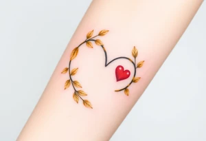 A infinity loop adorned with golden leaves and a tiny red heart tattoo idea