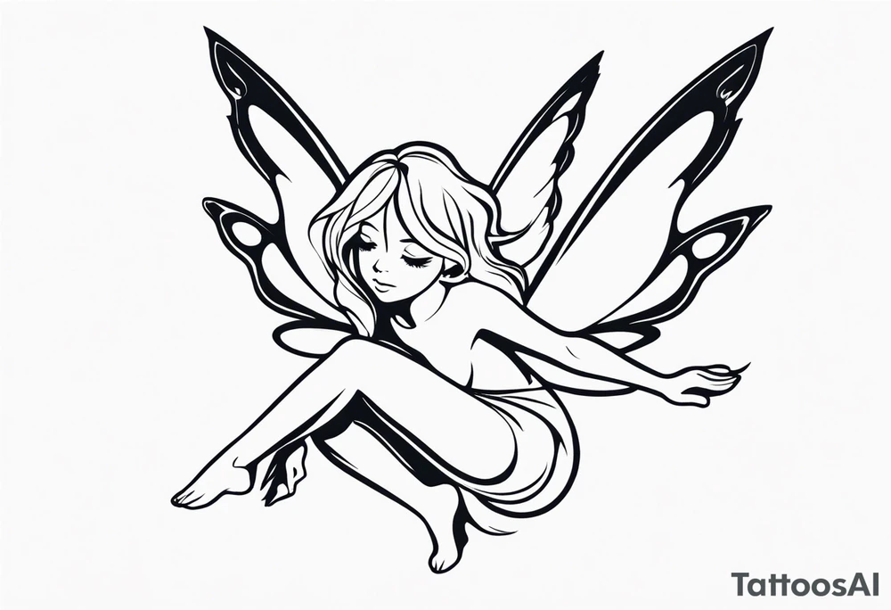 Minimalistic, monochromatic fairy with a tail flying to the left in a fetal position, leaning and looking in the same direction, with visible hands, embodying the 'Fairy Tail' logo aesthetic. tattoo idea