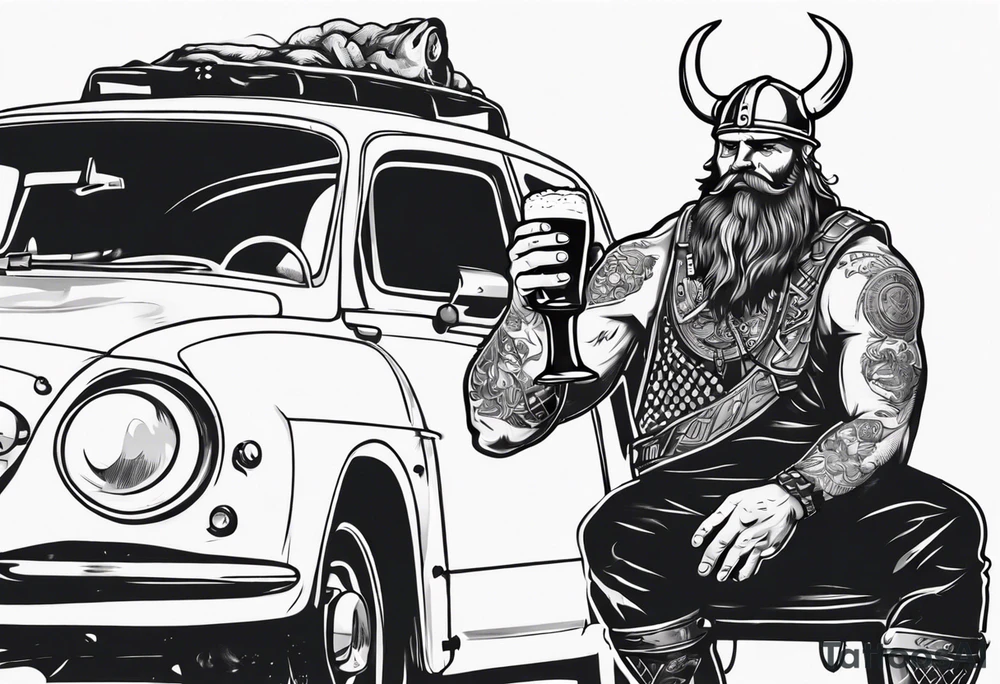 A Viking drinking a beer next to a car tattoo idea
