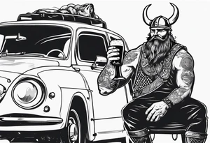A Viking drinking a beer next to a car tattoo idea