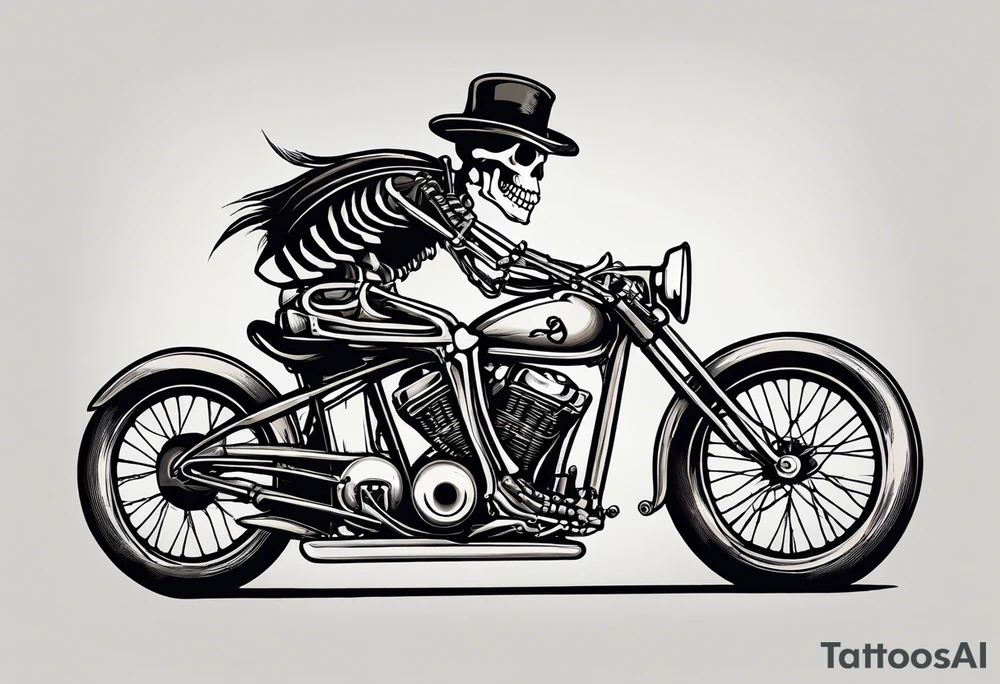 skeleton wearing licra and cap rides a racing bicycle. The skeleton is grinning at the viewer. There is no background image tattoo idea