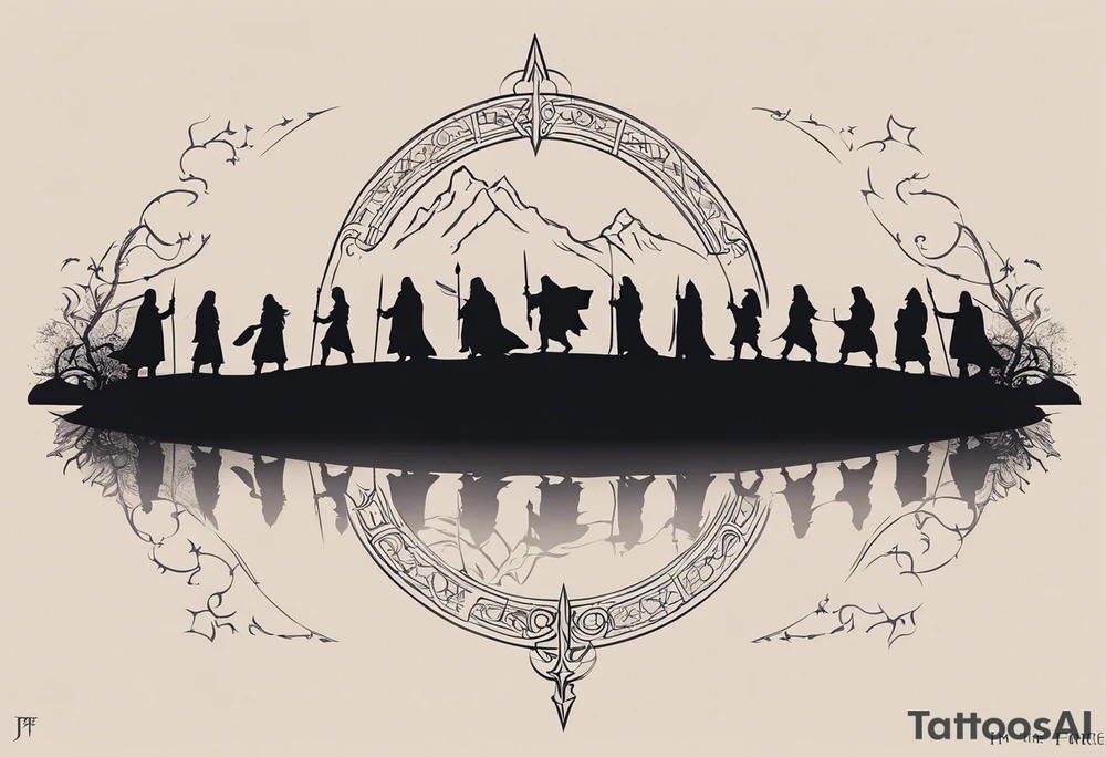 Create a tattoo design for the inner forearm. The main element should be the silhouettes of the nine characters from 'The Lord of the Rings' embarking on their journey, positioned on top of the Narsil sword. Surrounding the main design, include the text 'I'm One with the Force, and the Force is with me.' written in Elvish script. The design should be sleek and fit naturally on the inner forearm, with the silhouettes and sword being the central focus, while the Elvish script elegantly encircles the design. tattoo idea