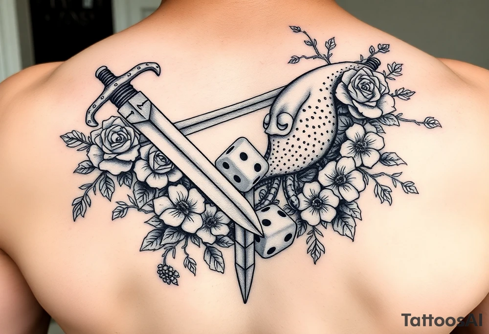 knightand sword and squid intertwined with climbing roses and thorny vines with cherry blossoms rolling dice tattoo idea