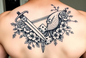 knightand sword and squid intertwined with climbing roses and thorny vines with cherry blossoms rolling dice tattoo idea