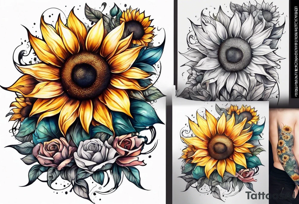 Sunflowers and angel wings leg sleeve tattoo idea