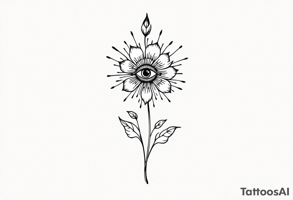 A long flower with leaves and with the centre being an eye and around the petals having black sunrays tattoo idea