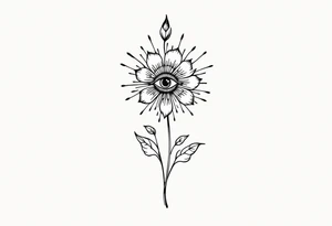 A long flower with leaves and with the centre being an eye and around the petals having black sunrays tattoo idea