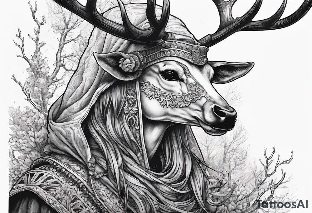 Hooded figure riding on a reindeer skeleton tattoo idea