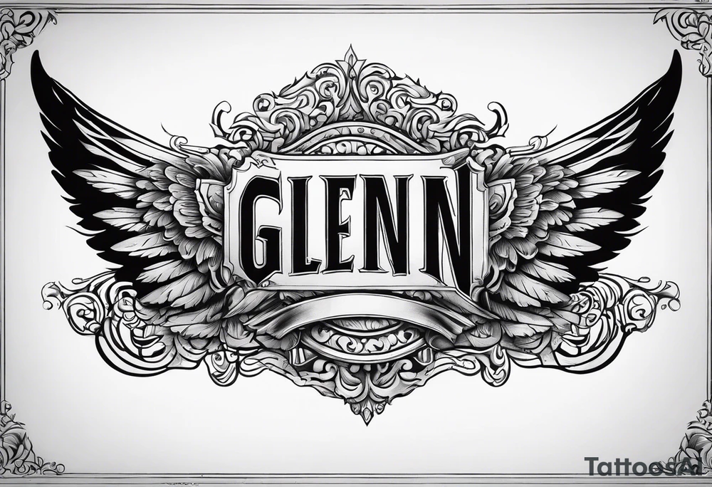 The word Glenn on a banner with angel Wings tattoo idea