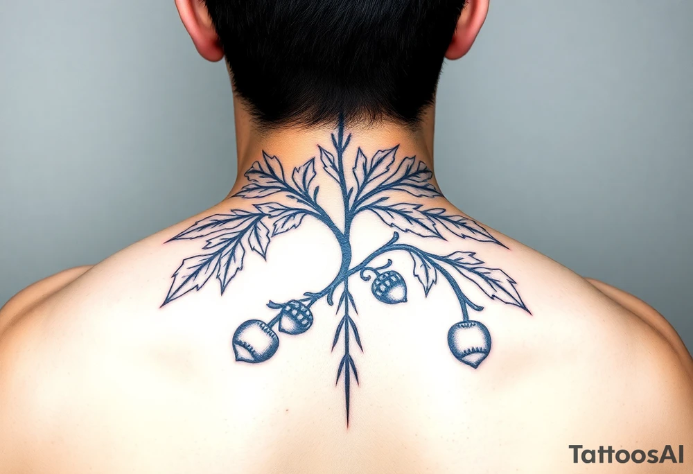 oak branch with thick leaves and acorns tattoo idea