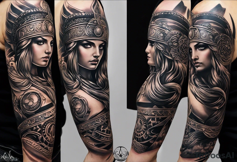 A full tattoo sleeve inspired by Greek mythology, centered around the Greek goddess Athena. Athena is portrayed with a strong, commanding presence, symbolizing wisdom, strength, and warfare. The design emphasizes bold, clean lines with a focus on sharp contrasts, creating a powerful and dynamic visual impact. Surrounding Athena, incorporate a mandala effect with geometric patterns that evoke a sense of order and strategy, reflecting her role as a warrior goddess. The sleeve also features masculine elements such as a fierce owl with piercing eyes, an ornate warrior’s helmet, and olive branches intertwined with Spartan-style armor, all seamlessly integrated into the design. The overall aesthetic is strong, rugged, and heroic, capturing the essence of Athena’s wisdom and martial prowess in a way that resonates with a masculine energy tattoo idea