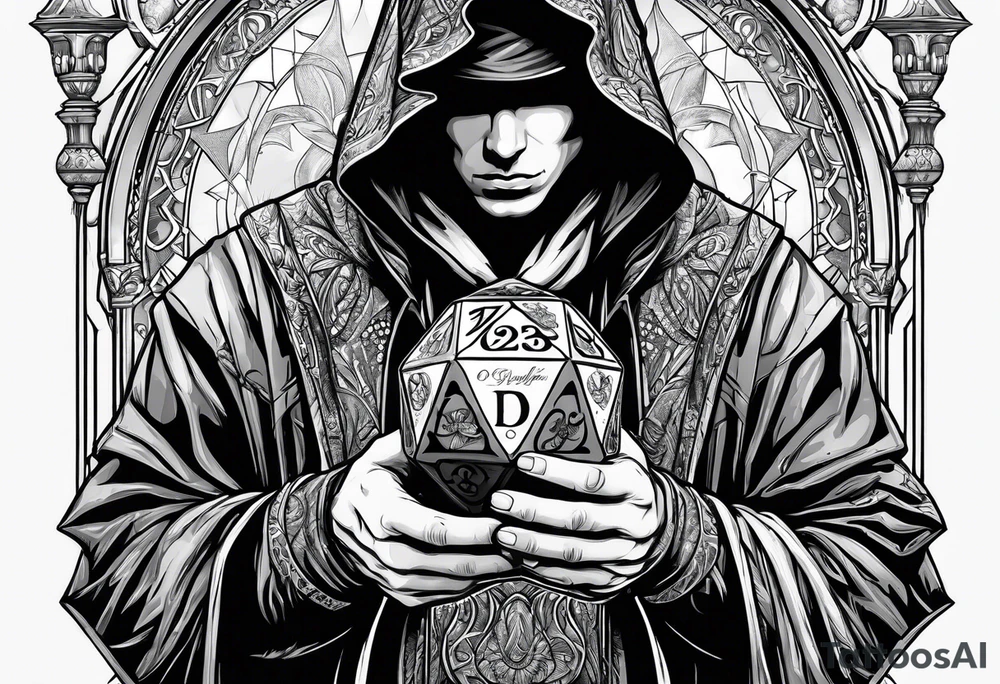 hooded figure holding a d20 tattoo idea