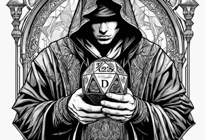 hooded figure holding a d20 tattoo idea