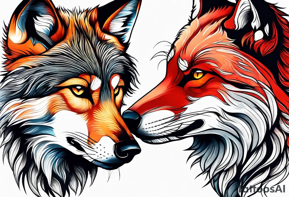 Black wolf and red fox nuzzling tattoo idea