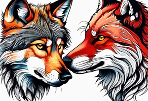 Black wolf and red fox nuzzling tattoo idea