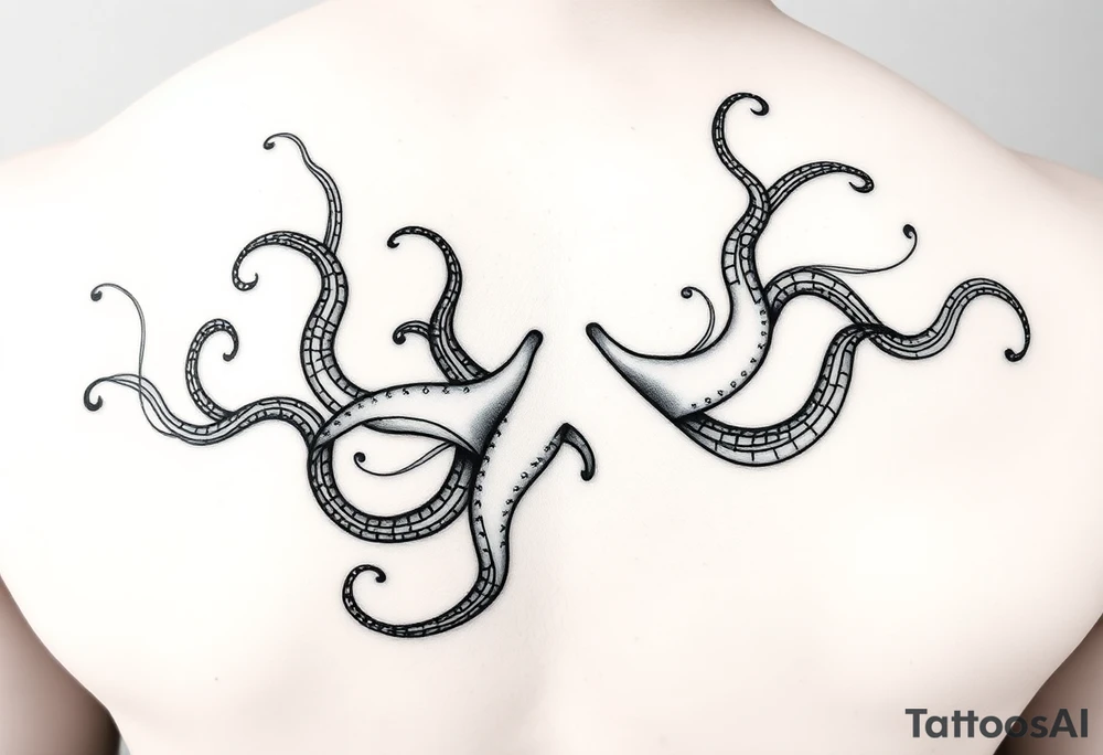abstract tattoo design, flowing fine black lines, minimalistic style, psychedelic ink pattern, looks like gasoline or oil floating on water, iridescent texture implied, delicate and organic line swirls, elegant liquid shapes, abstract stream of ink, subtle illusion of an octopus, hidden tentacle forms, not literal animal, just hints, emerging in the fluid forms, surreal and trippy vibe, feminine and graceful, non-representational, semi-random ink trails, vapor-like flow, inspired by oil slicks, smoke or mist patterns, dynamic and hypnotic, modern abstract linework, echo of marine shapes, no solid fills, transparent and airy, Pis Saro and Balazs Bercsenyi inspiration tattoo idea