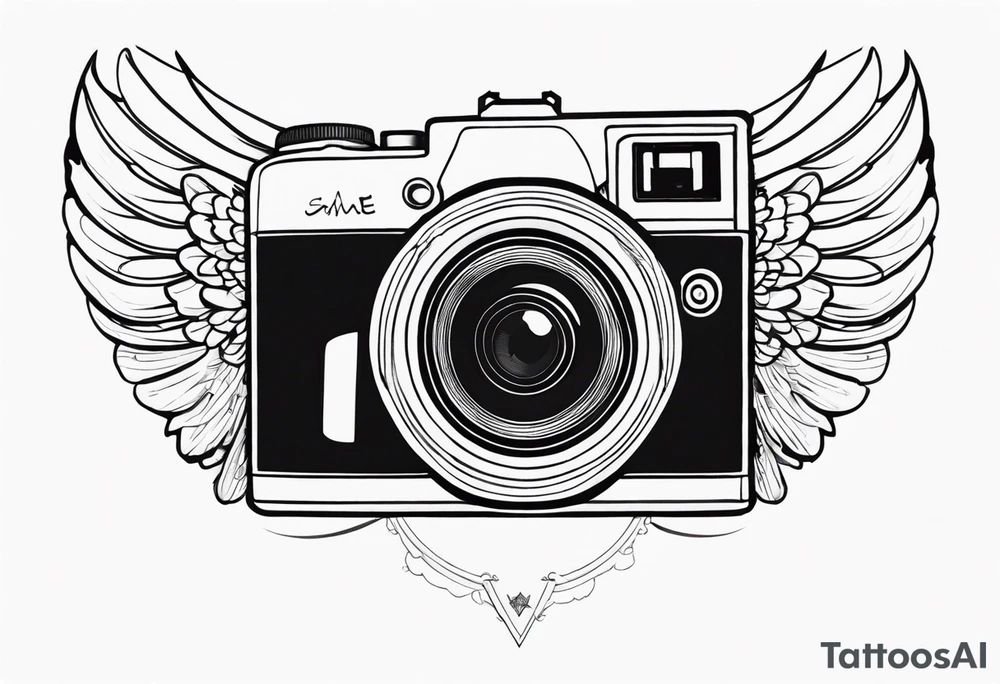 Camera at angle with angel wings tattoo idea