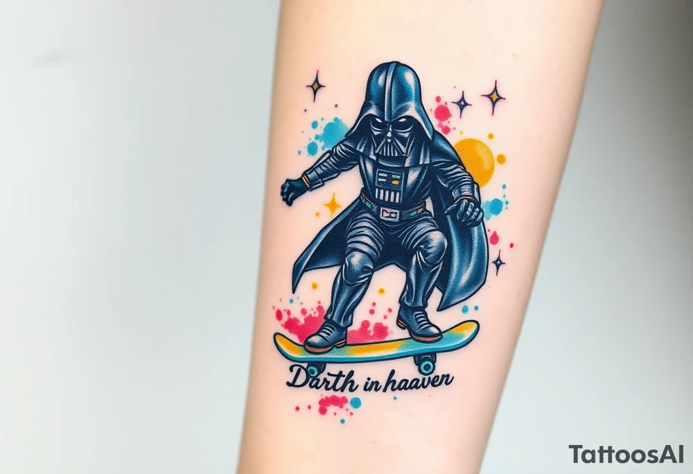 Darth Vader skateboarding > memorial in heaven > bullets
blue. red. yellow.
skateboard words "Darth Carter"
add date 12/29/88-01/06/24 tattoo idea