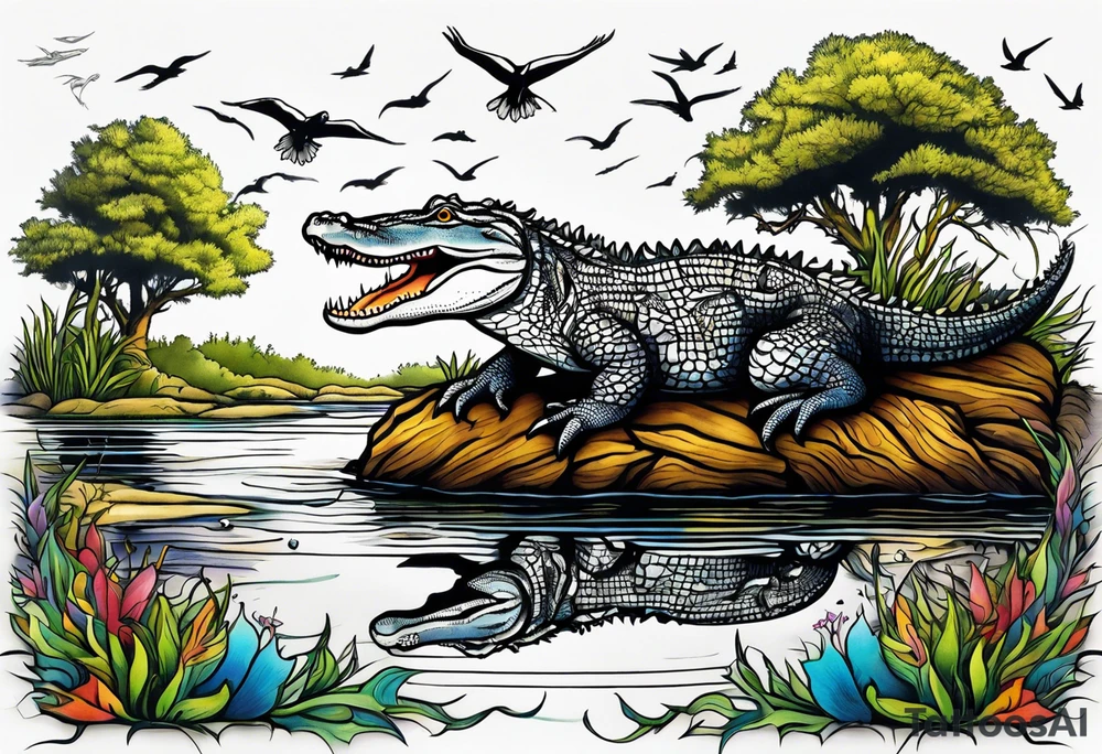 Scene live oak marsh birds alligator tattoo idea