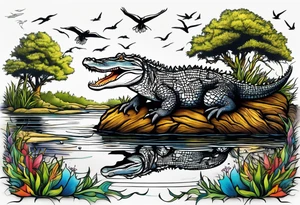 Scene live oak marsh birds alligator tattoo idea