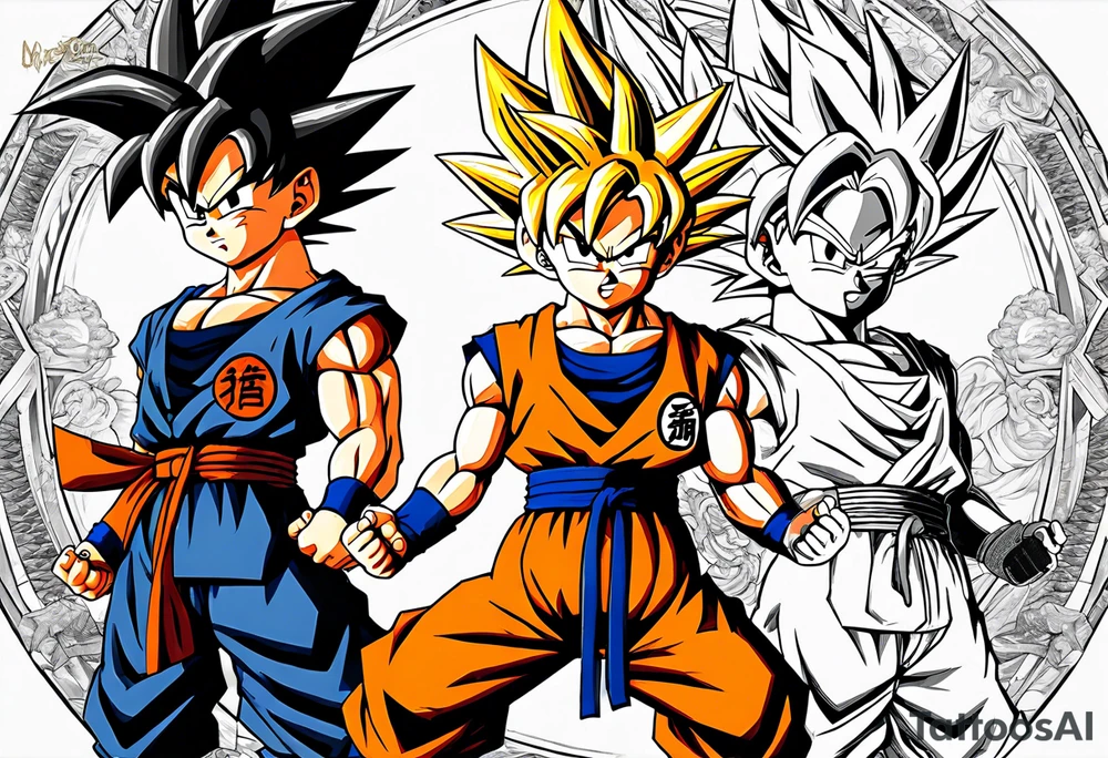 Son-Goku as a child in the foreground and an older version of him as a super saiyajin behind him. All takes place in a dragon ball tattoo idea