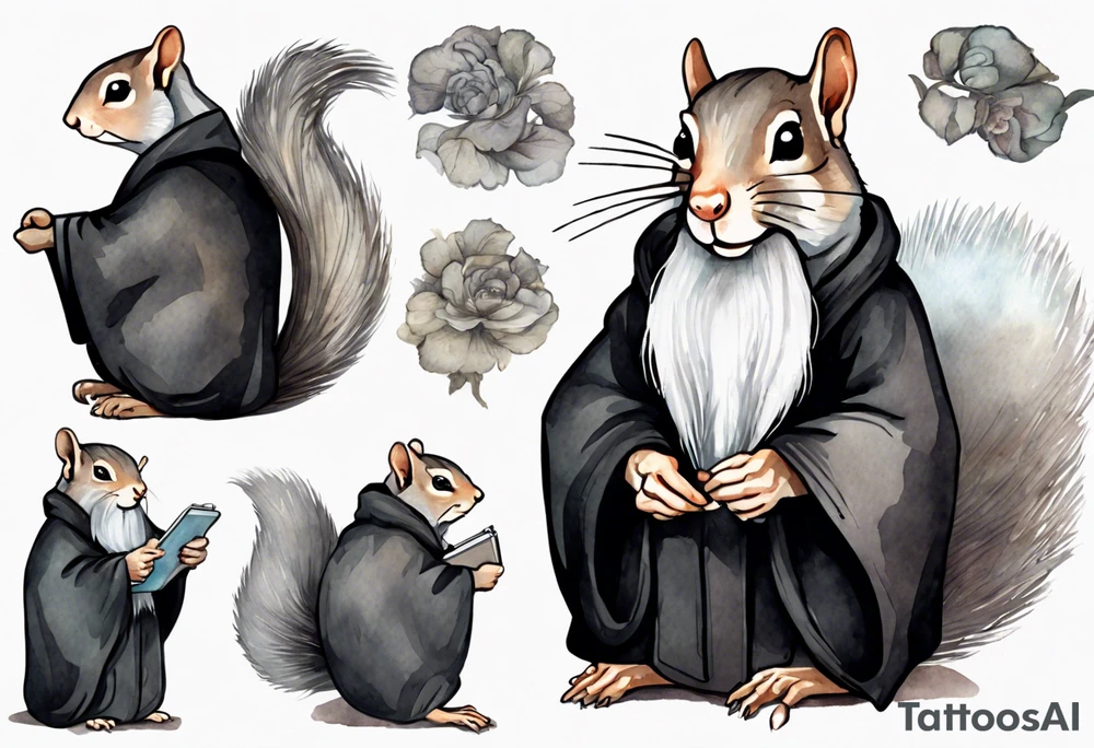 an elderly grey squirrel with a long beard wearing a black robe witting at a desk tattoo idea