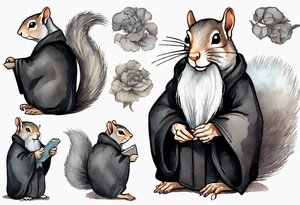 an elderly grey squirrel with a long beard wearing a black robe witting at a desk tattoo idea