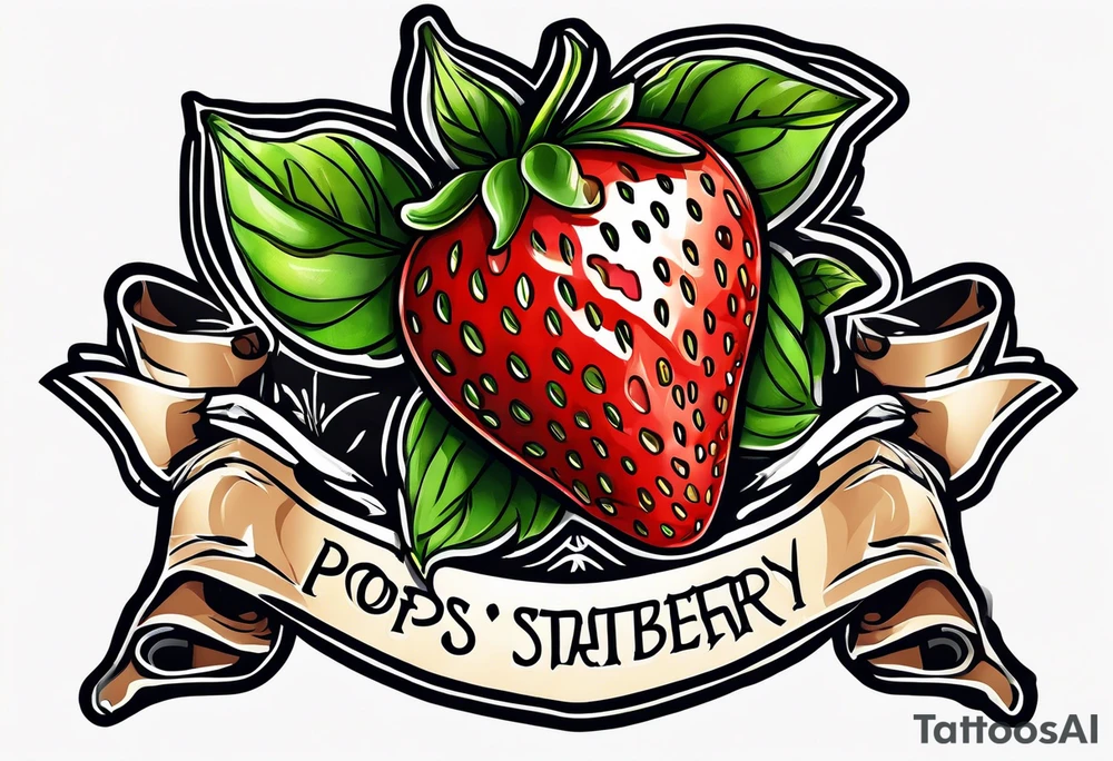 lonely strawberry wrapped in banner saying Pops tattoo idea